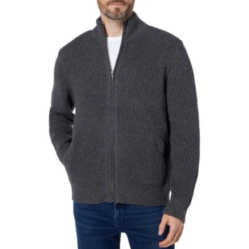 L.L. Bean Dark Cinder Ribbed Knit Cotton Full Zip Cardigan Sweater